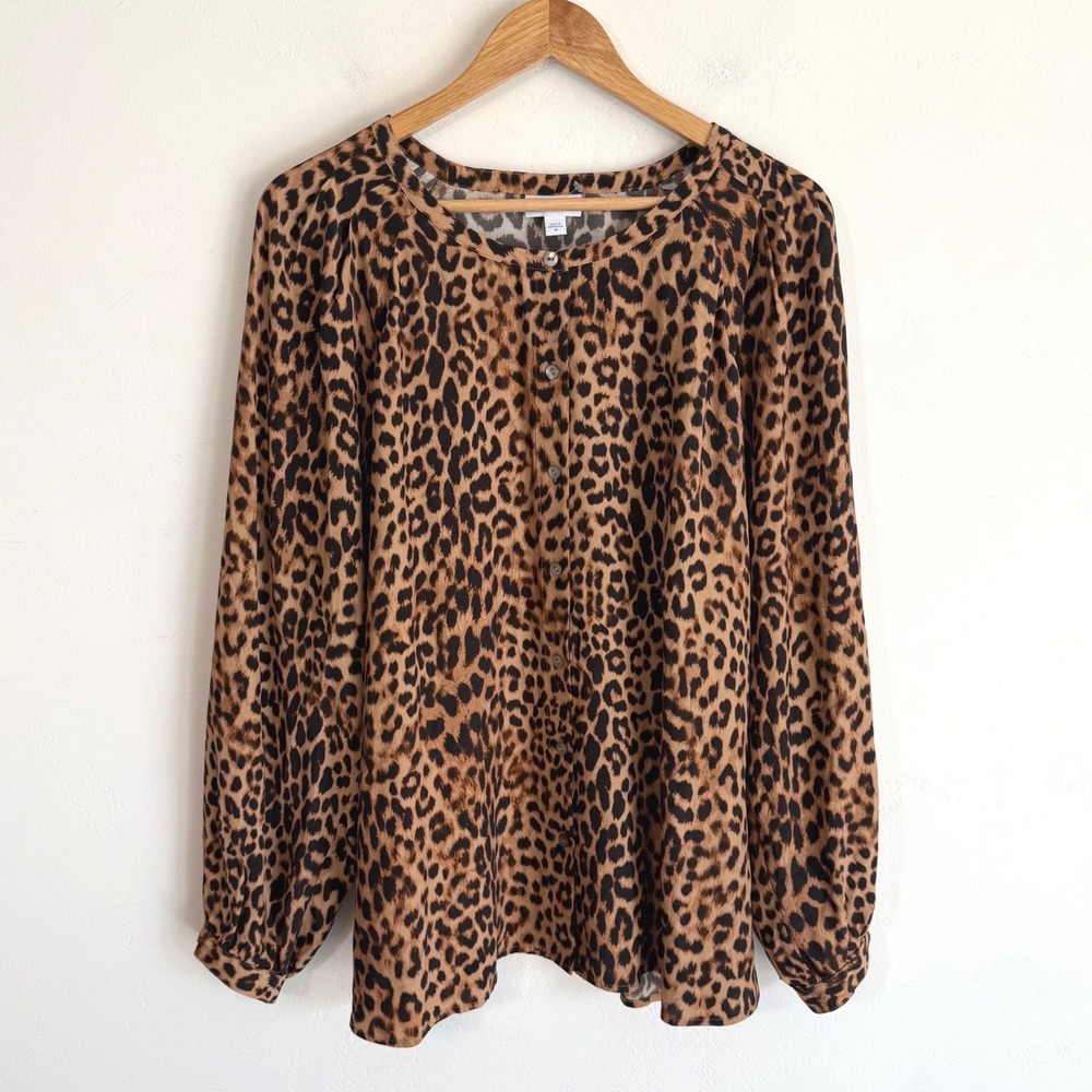 J. Jill Leopard Print Blouse Brown Button Front Boho Chic Career Plus Size 2X